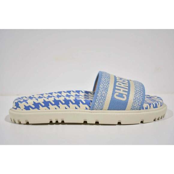 Christian Dior Dway Blue White Logo Houndstooth Slide Mule Flat Flop Sandal 39.5 - Picture 2 of 12